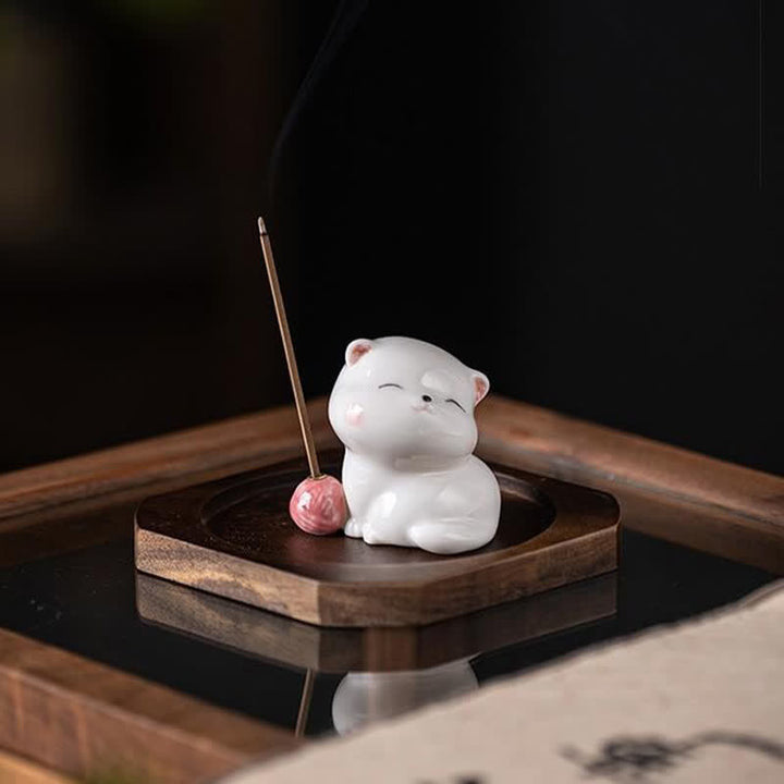 Buddha Stones Minimalistischer weißer Keramik-Katzen-Räuchergefäß mit Pompon (ohne Räucherstäbchen) - image 3