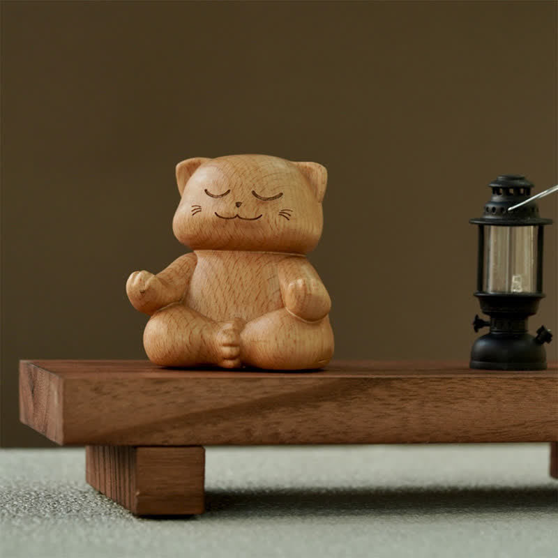 Buddha Stones Meditierende Katze aus Holz – Handgeschnitzte, niedliche Tierdekoration - image 2