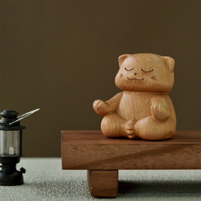 Buddha Stones Meditierende Katze aus Holz – Handgeschnitzte, niedliche Tierdekoration - image 1