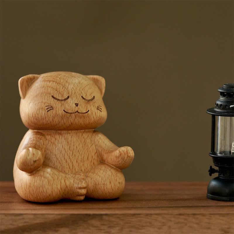 Buddha Stones Meditierende Katze aus Holz – Handgeschnitzte, niedliche Tierdekoration - image 3