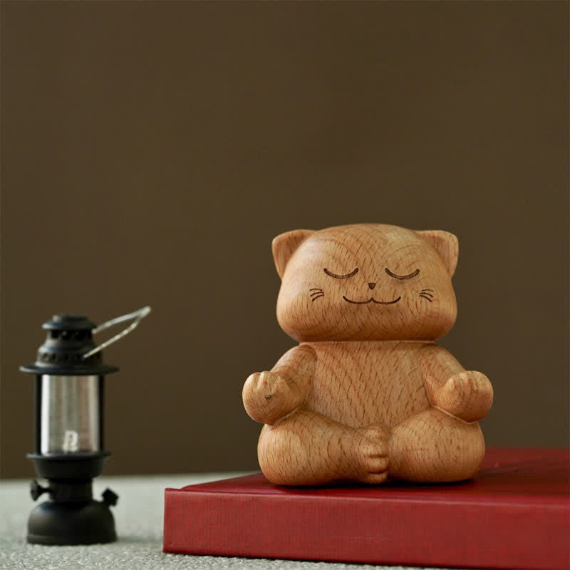 Buddha Stones Meditierende Katze aus Holz – Handgeschnitzte, niedliche Tierdekoration - Zen-Kreis (Erleuchtung ♥ Mühelosigkeit) - image 0
