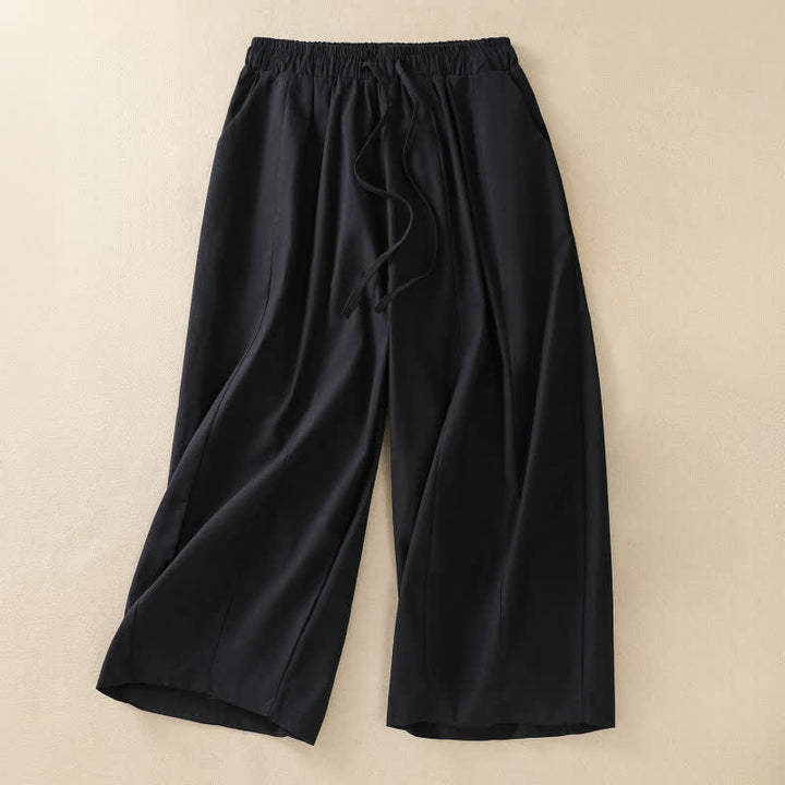 Buddha Stones Lässige, minimalistische, einfarbige Damen-Cropped-Hose mit Kordelzug und Taschen für den Sommer - Schwarz - US12, UK/AU16, EU44 (2XL) - image 2