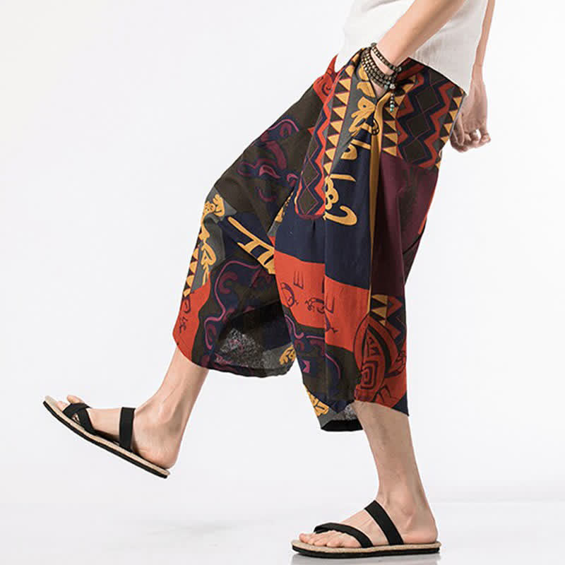 Buddha Stones Sommerliche Boho-Caprihose mit Kordelzug, floralem Baumwoll-Leinen-Mischgewebe und Tasche - image 12