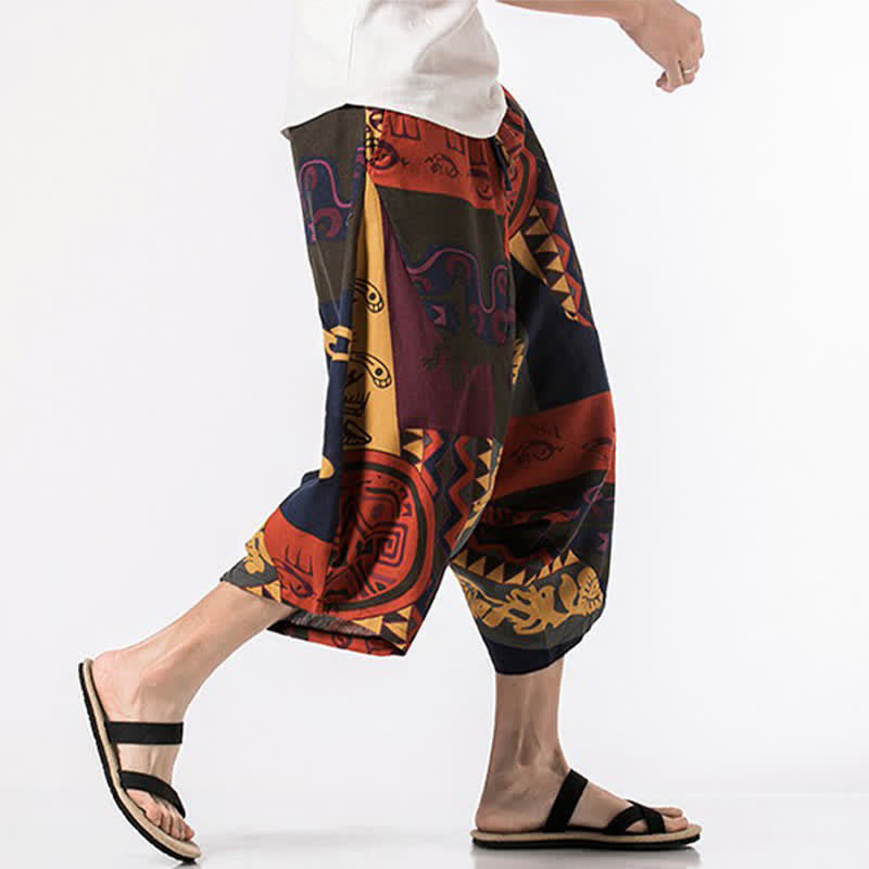 Buddha Stones Sommerliche Boho-Caprihose mit Kordelzug, floralem Baumwoll-Leinen-Mischgewebe und Tasche - image 9