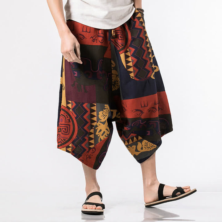 Buddha Stones Sommerliche Boho-Caprihose mit Kordelzug, floralem Baumwoll-Leinen-Mischgewebe und Tasche - Rot - US/UK/AU48, EU58 (5XL) - image 7
