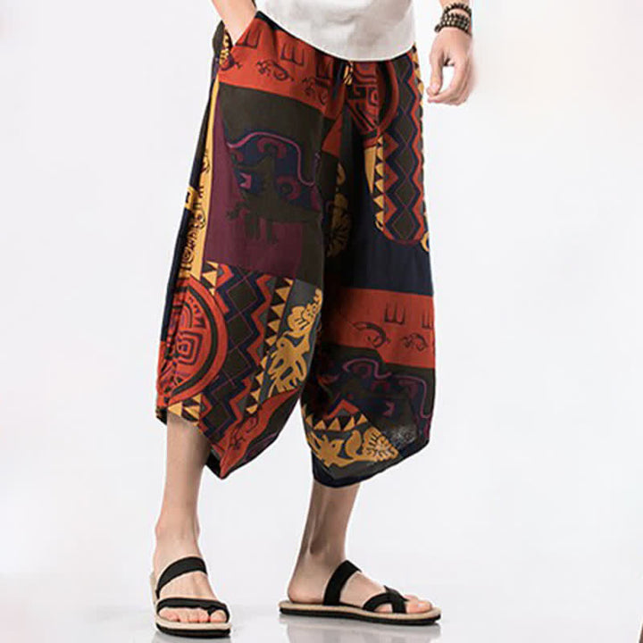 Buddha Stones Sommerliche Boho-Caprihose mit Kordelzug, floralem Baumwoll-Leinen-Mischgewebe und Tasche - image 8