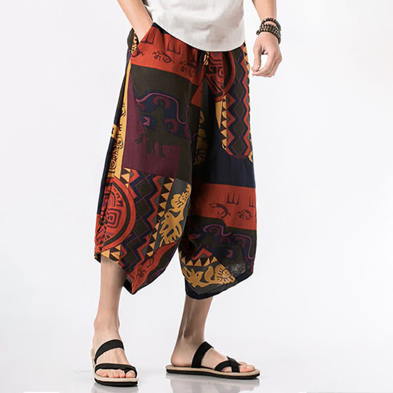 Buddha Stones Sommerliche Boho-Caprihose mit Kordelzug, floralem Baumwoll-Leinen-Mischgewebe und Tasche - image 13