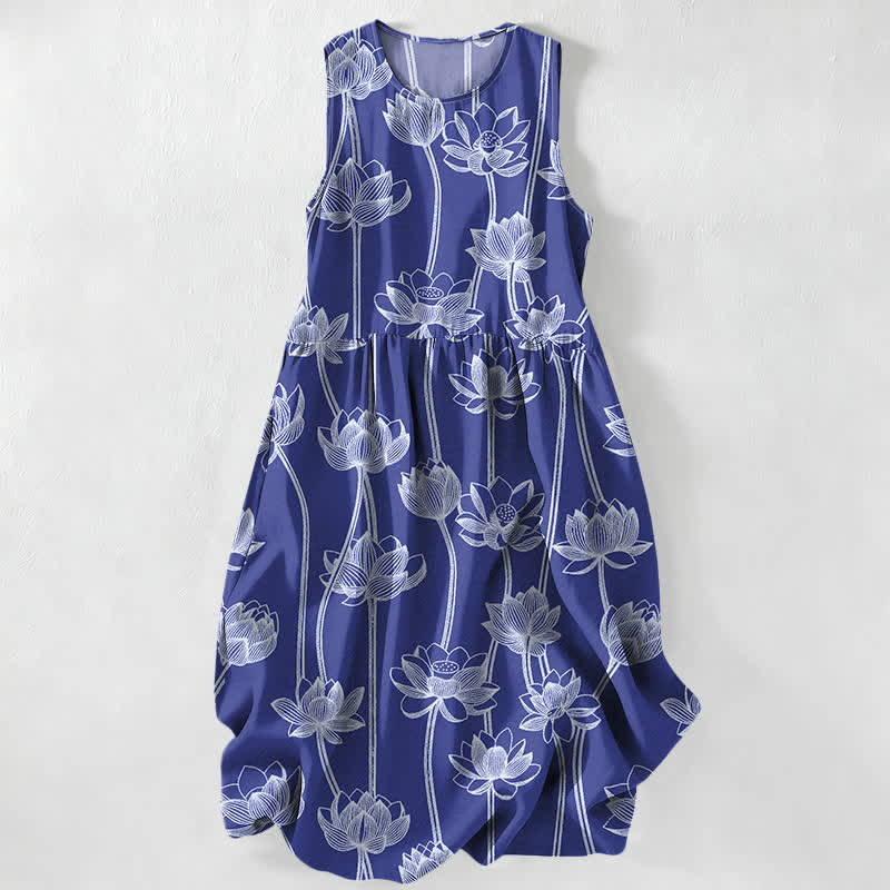 Buddha Stones Lässiges Sommerkleid für Damen mit Lotus-Linienmuster, ärmellos, Midi-Länge und Taschen - Königsblau - US16, UK/AU20, EU48 (3XL) - image 0