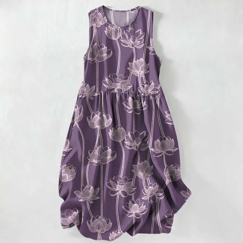 Buddha Stones Lässiges Sommerkleid für Damen mit Lotus-Linienmuster, ärmellos, Midi-Länge und Taschen - Pflaume - US16, UK/AU20, EU48 (3XL) - image 4