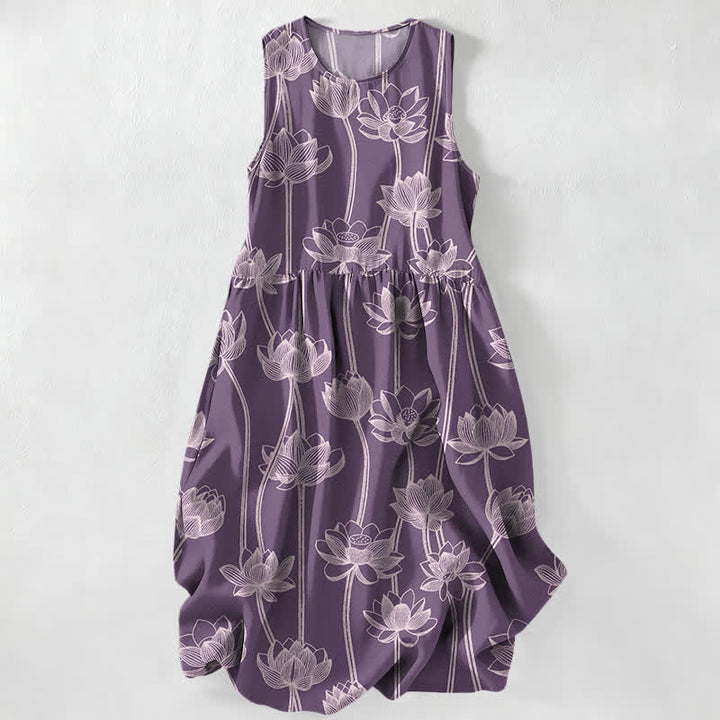 Buddha Stones Lässiges Sommerkleid für Damen mit Lotus-Linienmuster, ärmellos, Midi-Länge und Taschen - Pflaume - US16, UK/AU20, EU48 (3XL) - image 4