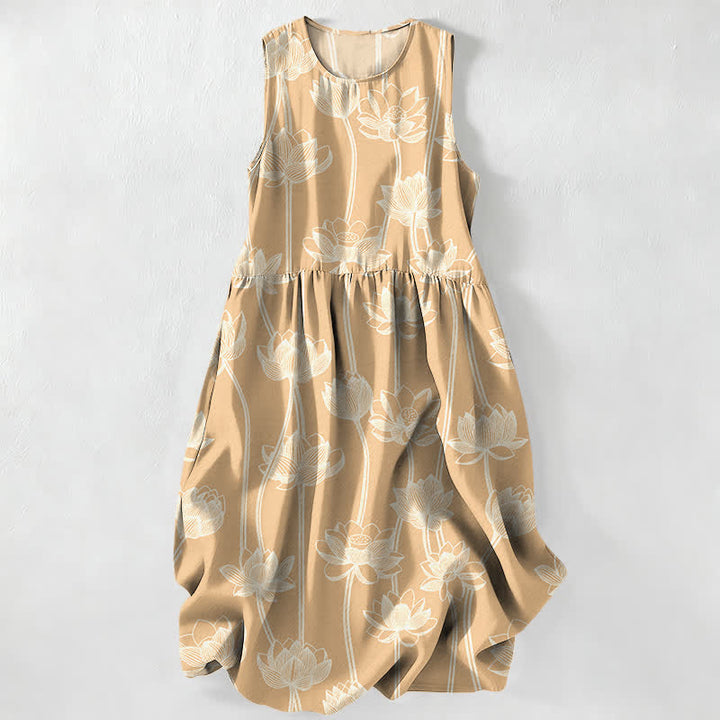 Buddha Stones Lässiges Sommerkleid für Damen mit Lotus-Linienmuster, ärmellos, Midi-Länge und Taschen - Bräunen - US16, UK/AU20, EU48 (3XL) - image 5