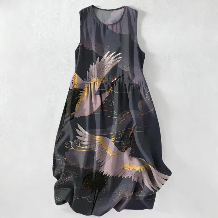 Buddha Stones Lässiges, ärmelloses Midikleid für Damen mit Taschen und dem Muster „Fliegender Kranich“ und Wellen - Schwarz - US16, UK/AU20, EU48 (3XL) - image 0