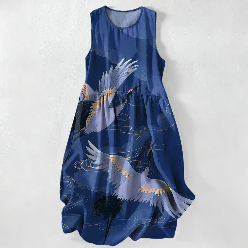 Buddha Stones Lässiges, ärmelloses Midikleid für Damen mit Taschen und dem Muster „Fliegender Kranich“ und Wellen - Marine - US16, UK/AU20, EU48 (3XL) - image 4
