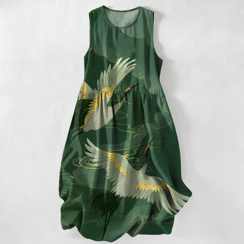 Buddha Stones Lässiges, ärmelloses Midikleid für Damen mit Taschen und dem Muster „Fliegender Kranich“ und Wellen - Waldgrün - US16, UK/AU20, EU48 (3XL) - image 5