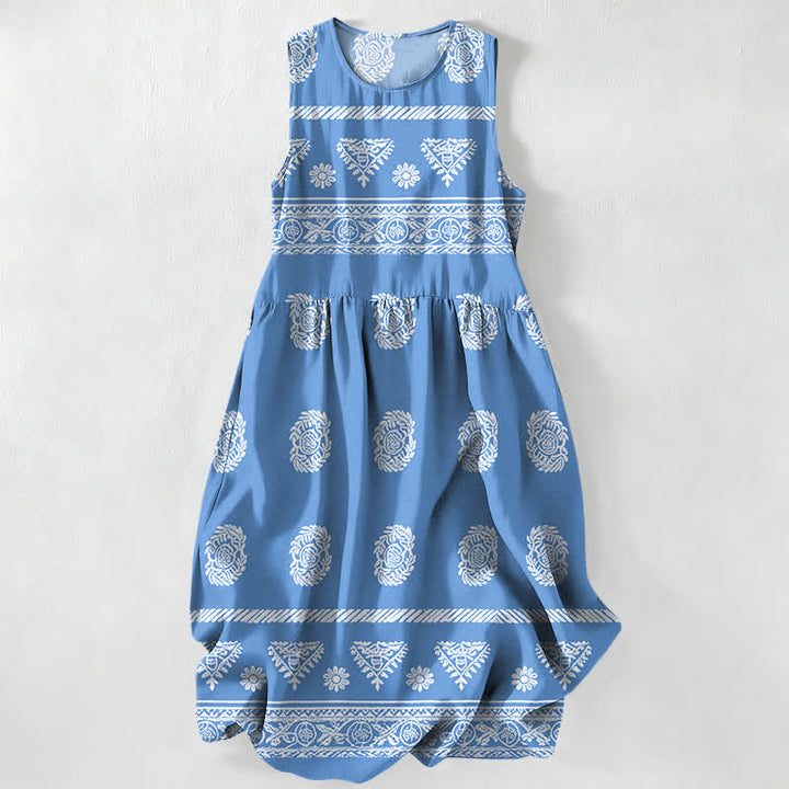 Buddha Stones Lässiges, ärmelloses Midikleid für Damen mit geometrischem Medaillon-Streifenmuster und Taschen - Kornblumenblau - US16, UK/AU20, EU48 (3XL) - image 0