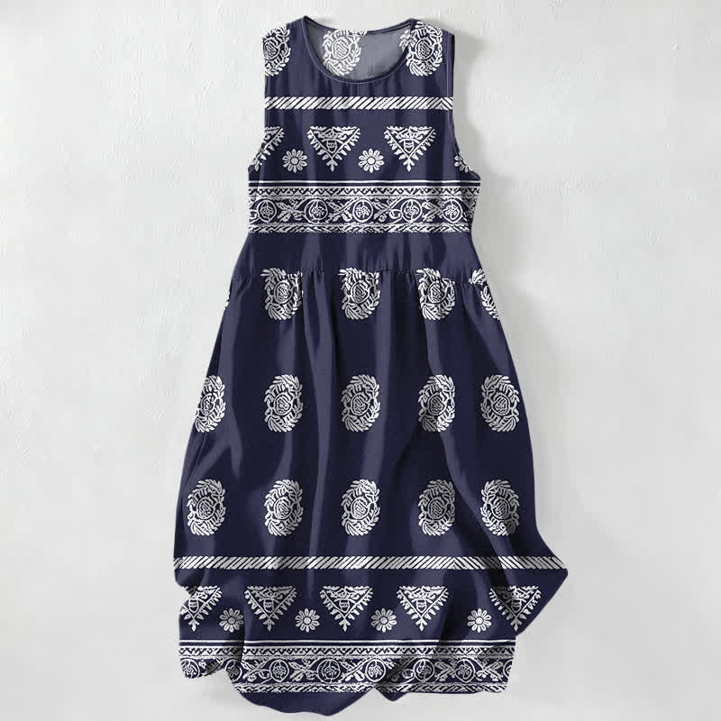 Buddha Stones Lässiges, ärmelloses Midikleid für Damen mit geometrischem Medaillon-Streifenmuster und Taschen - Marine - US16, UK/AU20, EU48 (3XL) - image 4