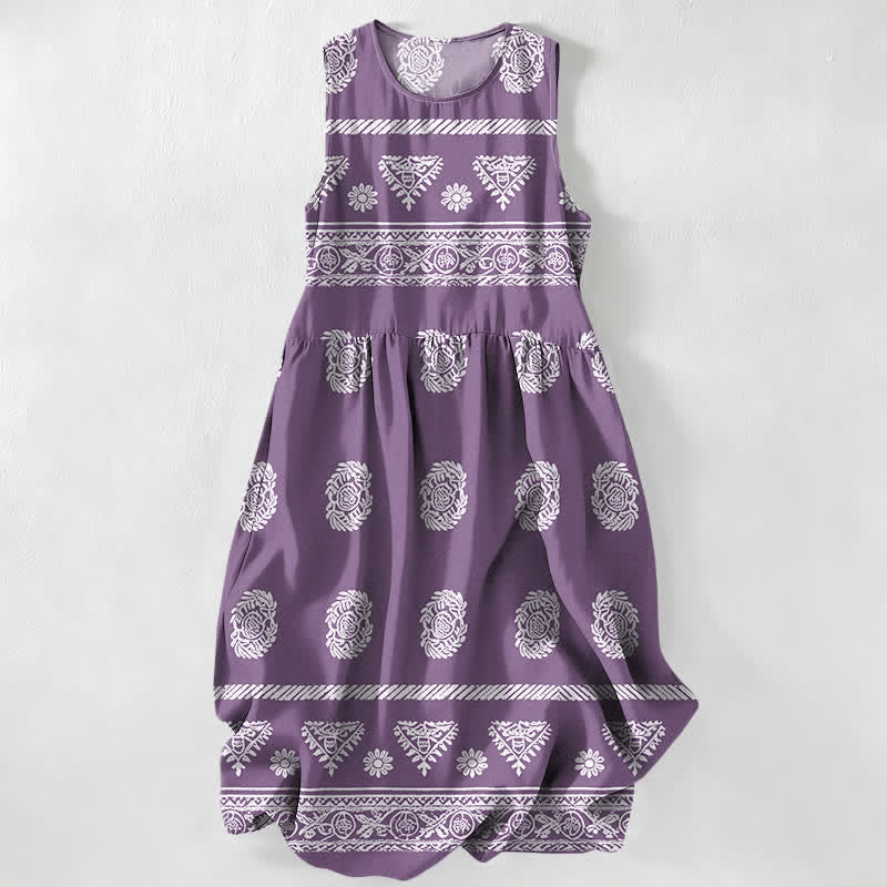 Buddha Stones Lässiges, ärmelloses Midikleid für Damen mit geometrischem Medaillon-Streifenmuster und Taschen - Mittelviolett - US16, UK/AU20, EU48 (3XL) - image 5