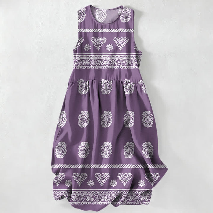 Buddha Stones Lässiges, ärmelloses Midikleid für Damen mit geometrischem Medaillon-Streifenmuster und Taschen - Mittelviolett - US16, UK/AU20, EU48 (3XL) - image 5