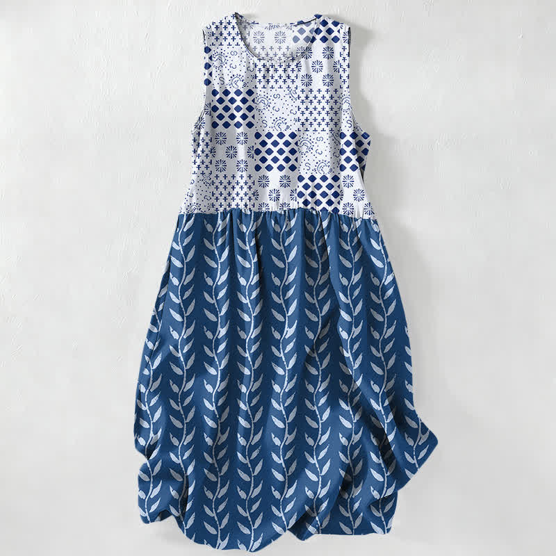 Buddha Stones Lässiges, ärmelloses Midikleid für Damen mit geometrischem Rankenmuster und Taschen - SteelBlue - US16, UK/AU20, EU48 (3XL) - image 0