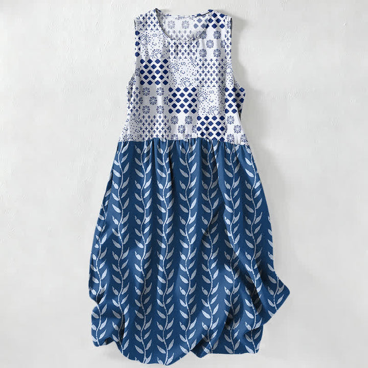 Buddha Stones Lässiges, ärmelloses Midikleid für Damen mit geometrischem Rankenmuster und Taschen - SteelBlue - US16, UK/AU20, EU48 (3XL) - image 0