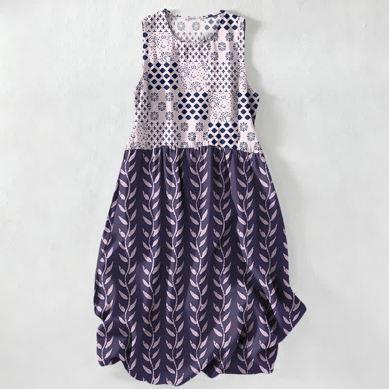 Buddha Stones Lässiges, ärmelloses Midikleid für Damen mit geometrischem Rankenmuster und Taschen - Lila - US16, UK/AU20, EU48 (3XL) - image 4