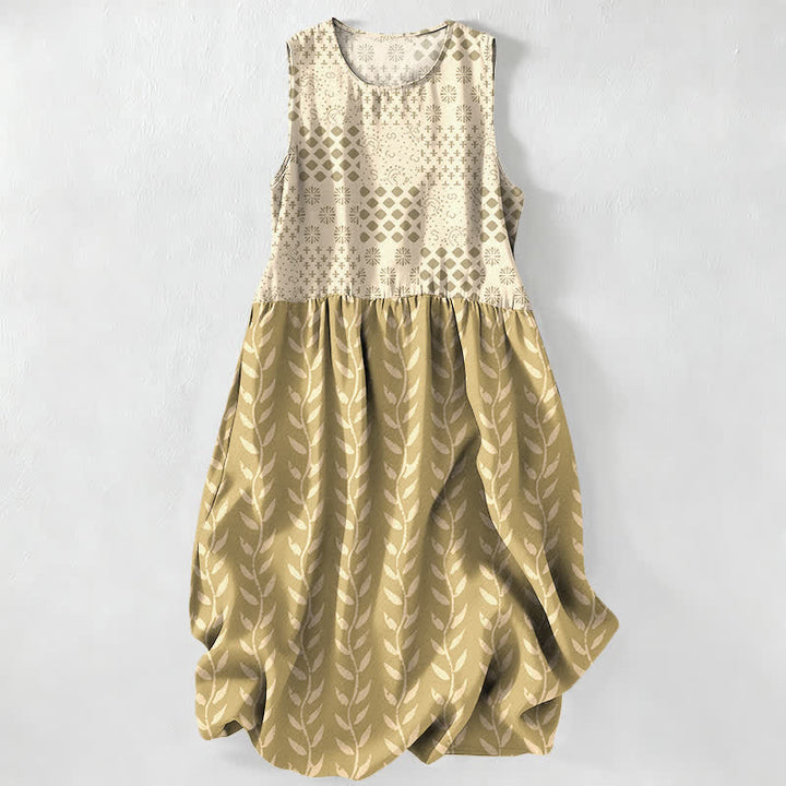 Buddha Stones Lässiges, ärmelloses Midikleid für Damen mit geometrischem Rankenmuster und Taschen - Khaki - US16, UK/AU20, EU48 (3XL) - image 5