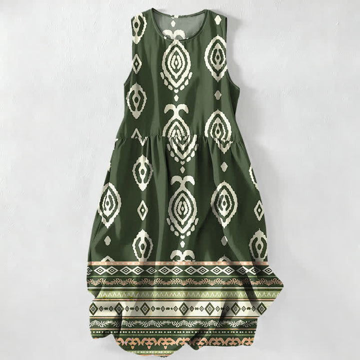 Buddha Stones Lässiges, ärmelloses Midikleid für Damen mit Taschen und tribalem geometrischem Bordürenmuster - Dunkelolivgrün - US16, UK/AU20, EU48 (3XL) - image 0