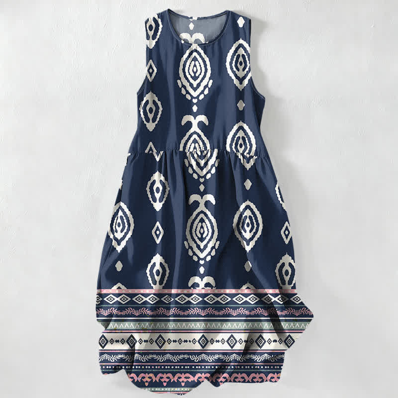 Buddha Stones Lässiges, ärmelloses Midikleid für Damen mit Taschen und tribalem geometrischem Bordürenmuster - Marine - US16, UK/AU20, EU48 (3XL) - image 4