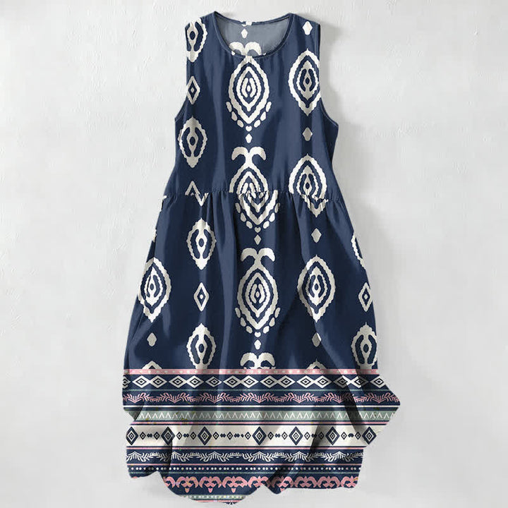Buddha Stones Lässiges, ärmelloses Midikleid für Damen mit Taschen und tribalem geometrischem Bordürenmuster - Marine - US16, UK/AU20, EU48 (3XL) - image 4