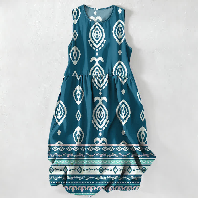 Buddha Stones Lässiges, ärmelloses Midikleid für Damen mit Taschen und tribalem geometrischem Bordürenmuster - Türkis - US16, UK/AU20, EU48 (3XL) - image 5