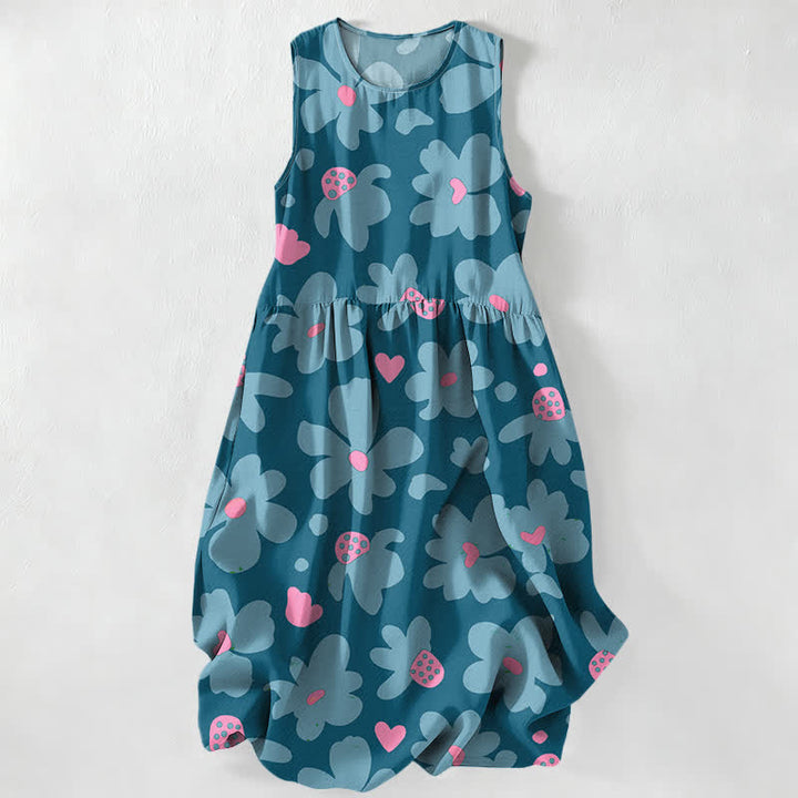 Buddha Stones Lässiges, grünes, ärmelloses Midikleid für Damen mit Blumen- und Herzchenmuster und Taschen - Türkis - US16, UK/AU20, EU48 (3XL) - image 5