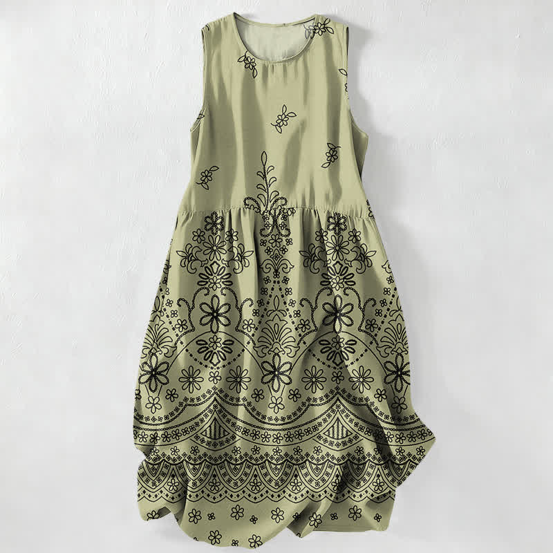 Buddha Stones Lässiges, sommerliches, ärmelloses Midikleid für Damen mit floralem Bordürenmuster im Boho-Stil und Taschen - Olive - US16, UK/AU20, EU48 (3XL) - image 0
