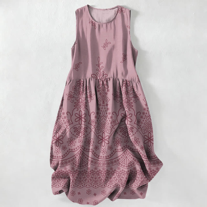 Buddha Stones Lässiges, sommerliches, ärmelloses Midikleid für Damen mit floralem Bordürenmuster im Boho-Stil und Taschen - Blassviolettrot - US16, UK/AU20, EU48 (3XL) - image 4