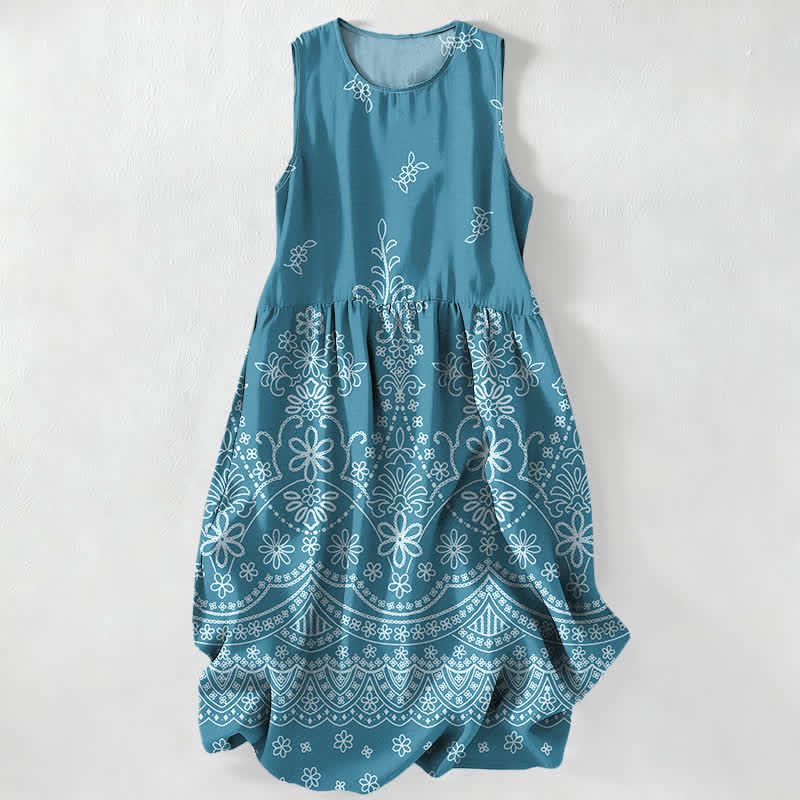 Buddha Stones Lässiges, sommerliches, ärmelloses Midikleid für Damen mit floralem Bordürenmuster im Boho-Stil und Taschen - Türkis - US16, UK/AU20, EU48 (3XL) - image 5