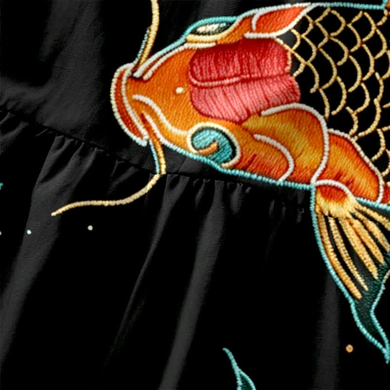 Buddha Stones Lässiges, sommerliches, ärmelloses Midikleid mit Koi-Fisch- und Blumenmuster sowie Taschen - image 1