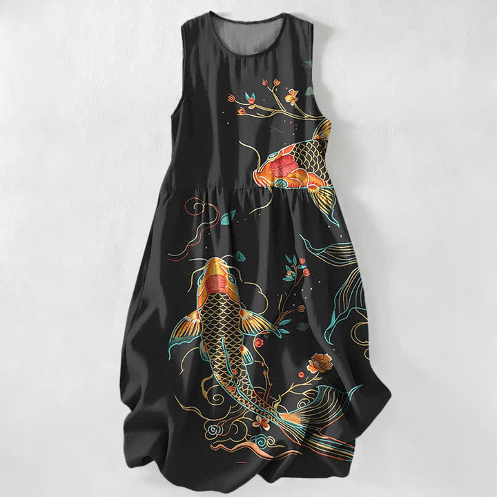 Buddha Stones Lässiges, sommerliches, ärmelloses Midikleid mit Koi-Fisch- und Blumenmuster sowie Taschen - Schwarz - US16, UK/AU20, EU48 (3XL) - image 0