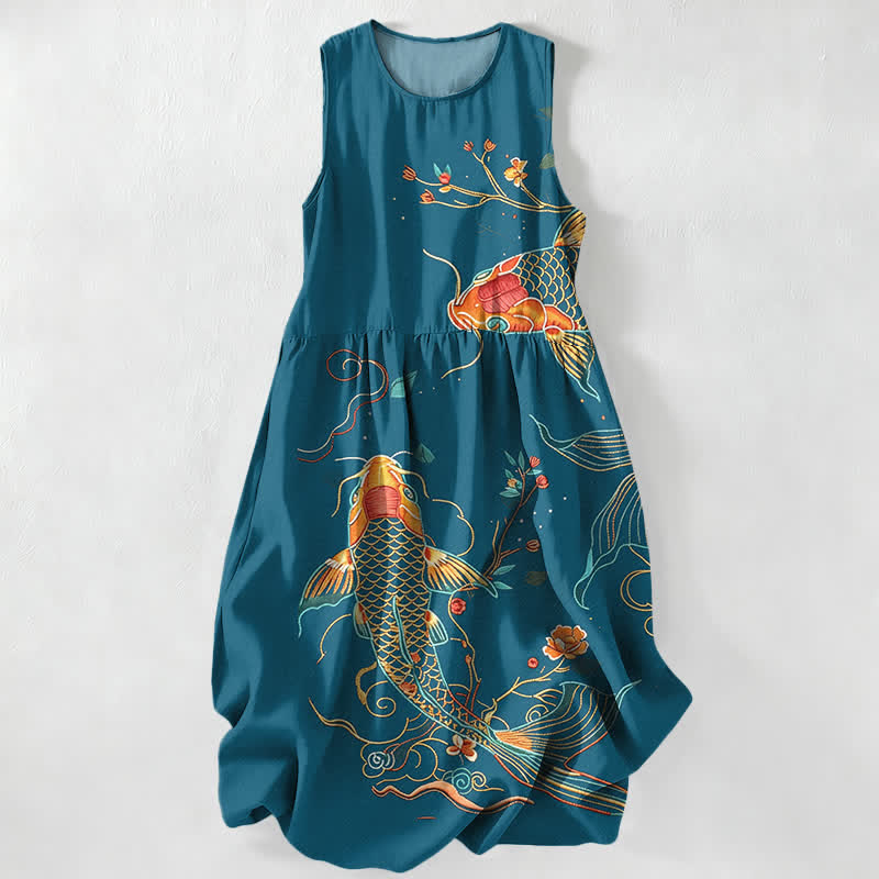 Buddha Stones Lässiges, sommerliches, ärmelloses Midikleid mit Koi-Fisch- und Blumenmuster sowie Taschen - Türkis - US16, UK/AU20, EU48 (3XL) - image 4