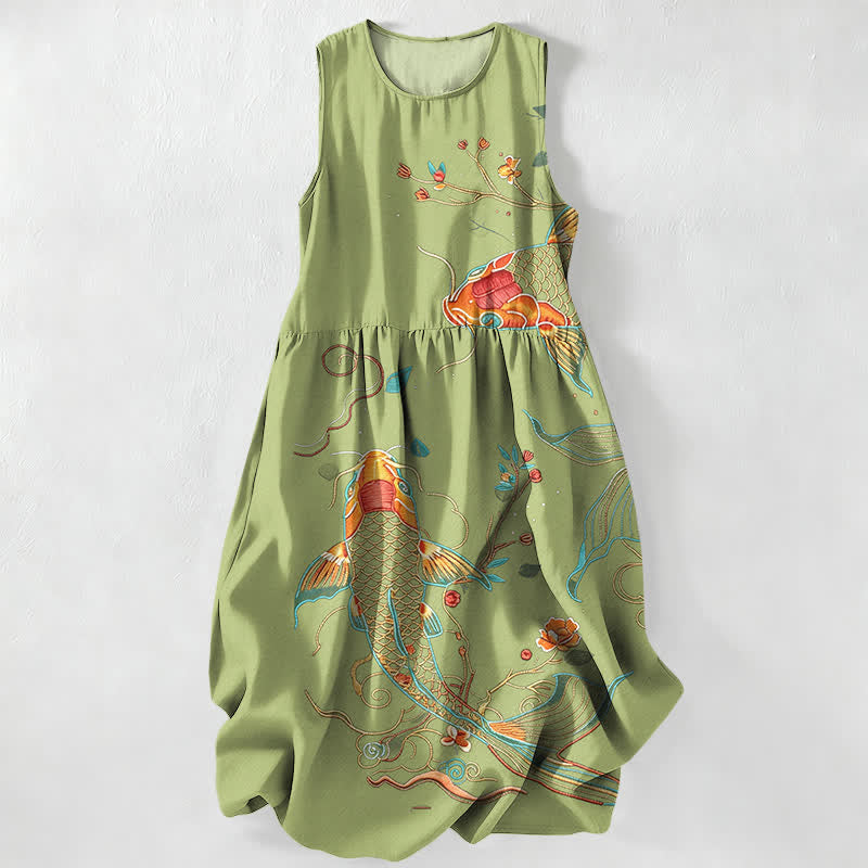 Buddha Stones Lässiges, sommerliches, ärmelloses Midikleid mit Koi-Fisch- und Blumenmuster sowie Taschen - Olivgrün - US16, UK/AU20, EU48 (3XL) - image 5