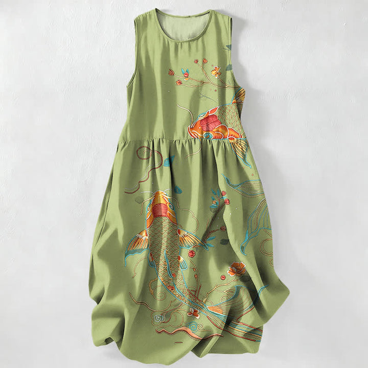 Buddha Stones Lässiges, sommerliches, ärmelloses Midikleid mit Koi-Fisch- und Blumenmuster sowie Taschen - Olivgrün - US16, UK/AU20, EU48 (3XL) - image 5