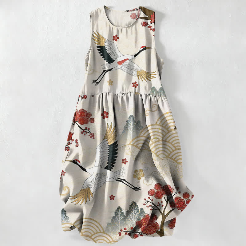 Buddha Stones Lässiges, ärmelloses Midikleid für Damen mit Kranich- und Pflaumenblütenmuster und Taschen - Elfenbein - US16, UK/AU20, EU48 (3XL) - image 0