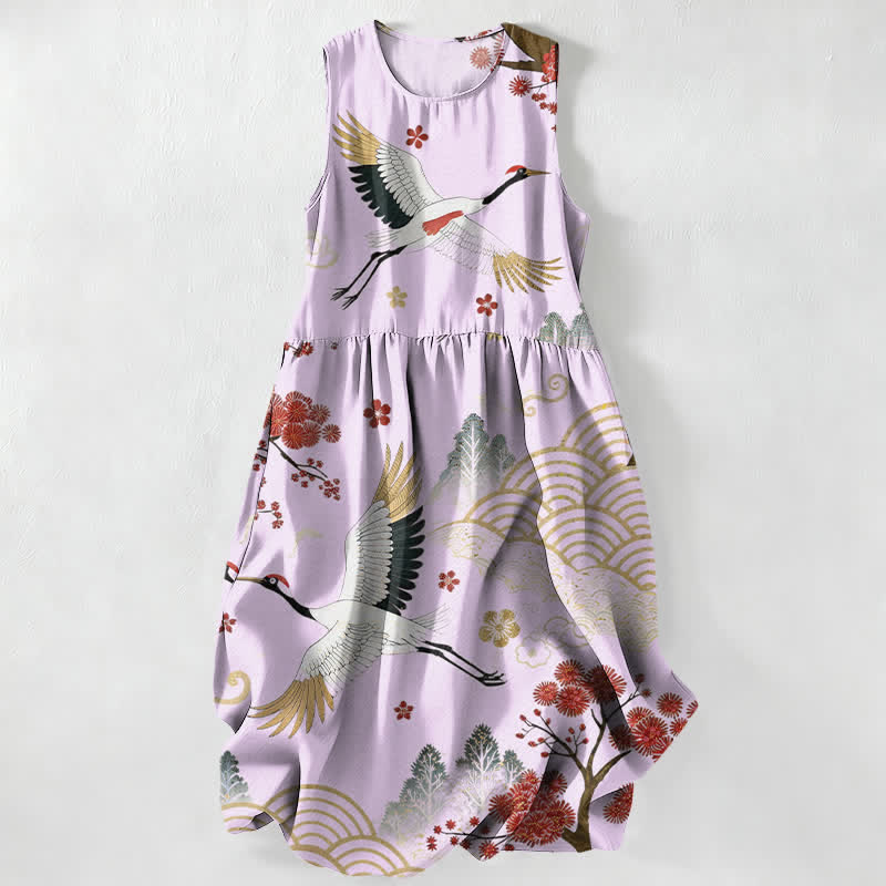 Buddha Stones Lässiges, ärmelloses Midikleid für Damen mit Kranich- und Pflaumenblütenmuster und Taschen - Lavendel - US16, UK/AU20, EU48 (3XL) - image 4