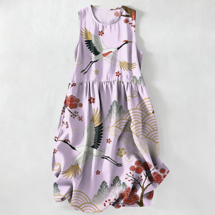 Buddha Stones Lässiges, ärmelloses Midikleid für Damen mit Kranich- und Pflaumenblütenmuster und Taschen - Lavendel - US16, UK/AU20, EU48 (3XL) - image 4