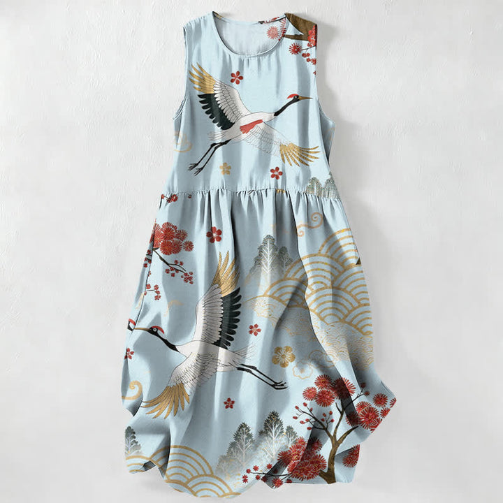 Buddha Stones Lässiges, ärmelloses Midikleid für Damen mit Kranich- und Pflaumenblütenmuster und Taschen - Hellblau - US16, UK/AU20, EU48 (3XL) - image 5