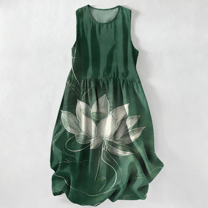 Buddha Stones Lässiges Sommerkleid für Damen mit Lotusblütenmuster, ärmellos, Midi-Länge und Taschen - Waldgrün - US16, UK/AU20, EU48 (3XL) - image 0