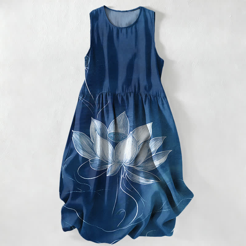 Buddha Stones Lässiges Sommerkleid für Damen mit Lotusblütenmuster, ärmellos, Midi-Länge und Taschen - Marine - US16, UK/AU20, EU48 (3XL) - image 4