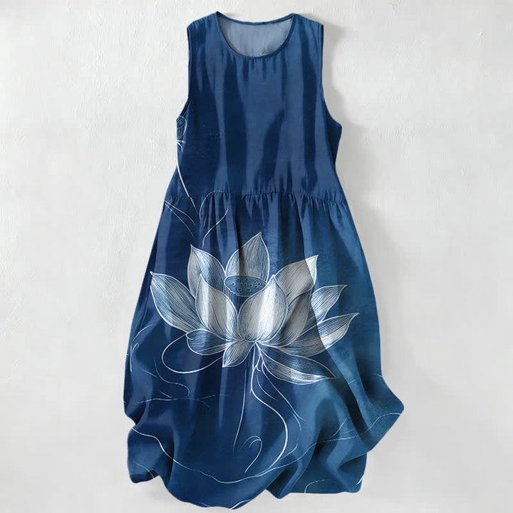 Buddha Stones Lässiges Sommerkleid für Damen mit Lotusblütenmuster, ärmellos, Midi-Länge und Taschen - Marine - US16, UK/AU20, EU48 (3XL) - image 4