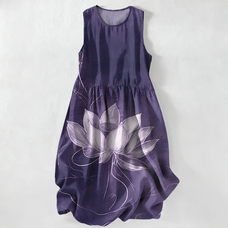 Buddha Stones Lässiges Sommerkleid für Damen mit Lotusblütenmuster, ärmellos, Midi-Länge und Taschen - Indigo - US16, UK/AU20, EU48 (3XL) - image 5