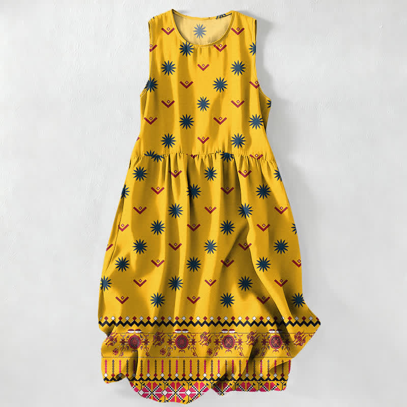 Buddha Stones Lässiges, sommerliches Boho-Kleid für Damen mit floralem und geometrischem Muster, ärmellos und mit Taschen - Gold - US16, UK/AU20, EU48 (3XL) - image 0