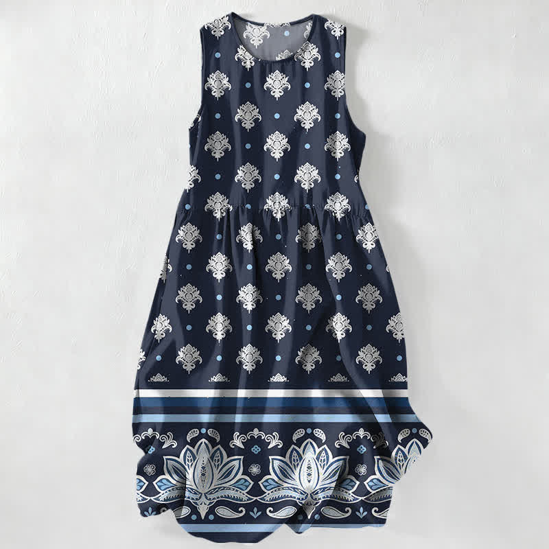 Buddha Stones Lässiges, sommerliches, ärmelloses Midikleid für Damen mit Lotus-Bordüre und Taschen - Marine - US16, UK/AU20, EU48 (3XL) - image 0