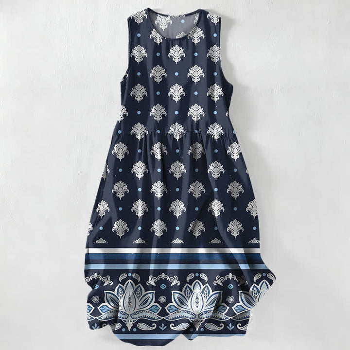 Buddha Stones Lässiges, sommerliches, ärmelloses Midikleid für Damen mit Lotus-Bordüre und Taschen - Marine - US16, UK/AU20, EU48 (3XL) - image 0